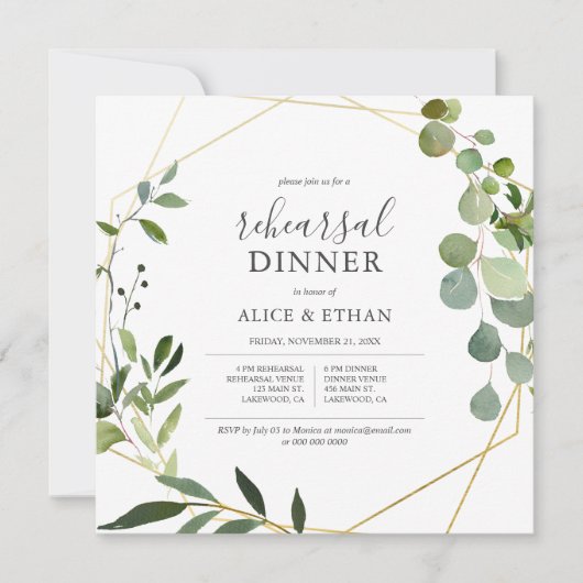 Rustic Boho Greenery Calligraphy Rehearsal Dinner Kaart (Voorkant)