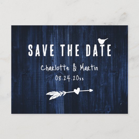 Rustic Boho Heart Navy Blue Wedding Save the Date Briefkaart (Voorkant)