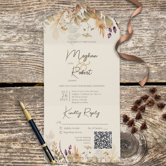 Rustic Boho Herfst Wildbloemen QR-code All In One Uitnodiging