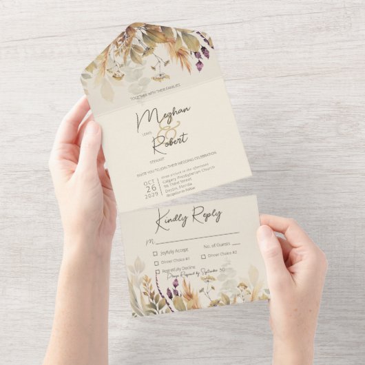 Rustic Boho Herfst Wildbloemen Tan Dinner All In One Uitnodiging (Afscheurbaar)