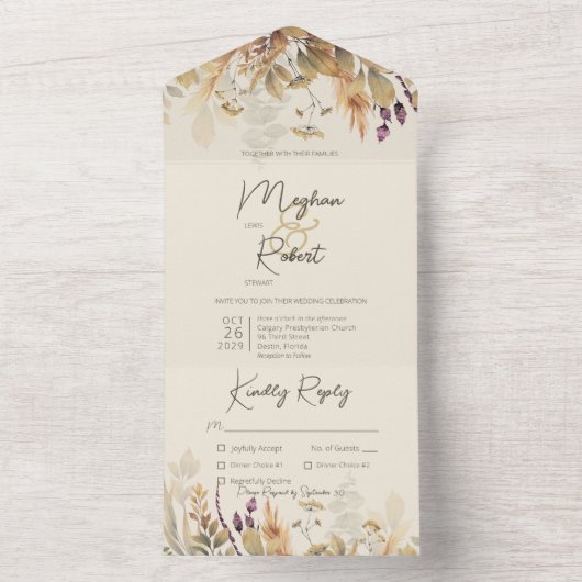 Rustic Boho Herfst Wildbloemen Tan Dinner All In One Uitnodiging (Binnen)