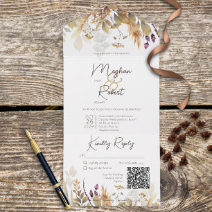 Rustic Boho Herfst Wildbloemen Wit QR-code All In One Uitnodiging