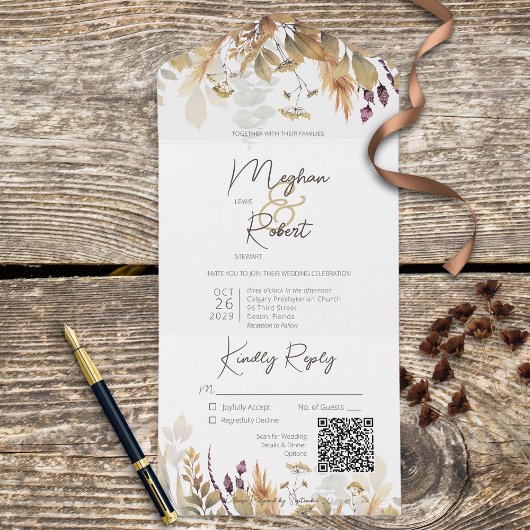 Rustic Boho Herfst Wildbloemen Wit QR-code All In One Uitnodiging