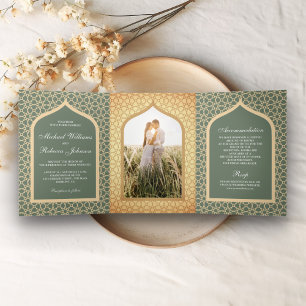 Rustic Boho Indian Lattice Arch Sage Green Wedding Drieluik Uitnodiging