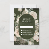Rustic Boho Ivory Rozen Dark Sage Green Wedding RSVP Kaartje (Voorkant)