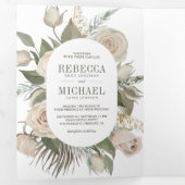 Rustic Boho Ivory Rozen Sage Green Leaves Wedding Drieluik Uitnodiging (Binnenzijde eerst)