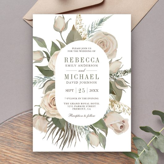 Rustic Boho Ivory Rozen Sage Green Leaves Wedding Kaart