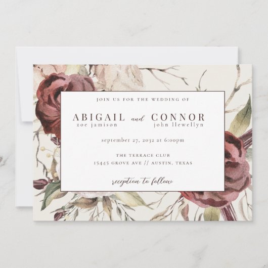 Rustic Boho Marsala Cream Floral Invitation (Devant)