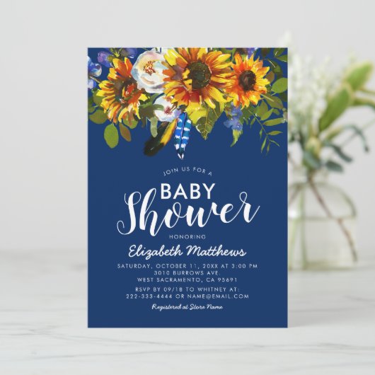 Rustic Boho Navy Blue Sunflower Baby shower Kaart (Staand voorkant)
