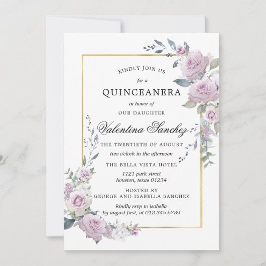 Rustic Boho Paars Roos Floral Quinceanera Kaart (Voorkant)