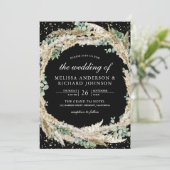 Rustic Boho Pampas Eucalyptus Wreath Black Wedding Kaart (Staand voorkant)