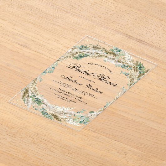 Rustic Boho Pampas Eucalyptus Wreath Bridal Shower Acryl Uitnodigingen (Laagn)