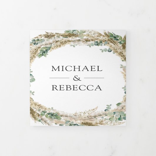 Rustic Boho Pampas Eucalyptus Wreath Weddenschap Drieluik Uitnodiging (Cover)