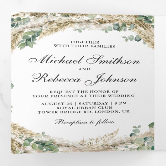 Rustic Boho Pampas Eucalyptus Wreath Weddenschap Drieluik Uitnodiging (Binnenzijde eerst)