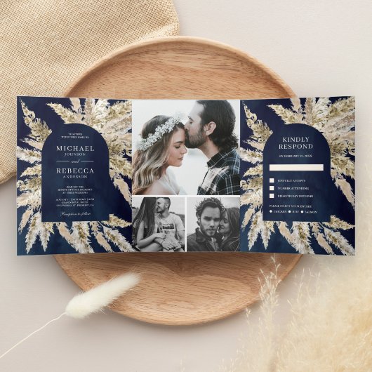 Rustic Boho Pampas Grass Navy Blue Arch Wedding Drieluik Uitnodiging