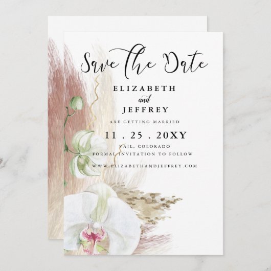 Rustic Boho Pampas Grass Orchid Save the Date Aankondiging (Voorkant / Achterkant)