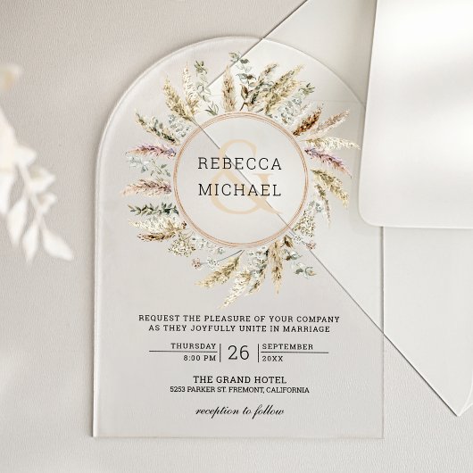 Rustic Boho Pampas Grass Wreath Ampersand Wedding Acryl Uitnodigingen