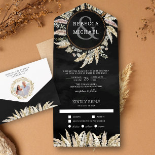 Rustic Boho Pampas Grass Wreath Black Wedding All In One Uitnodiging