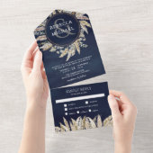 Rustic Boho Pampas Grass Wreath Navy Blue Wedding All In One Uitnodiging (Afscheurbaar)