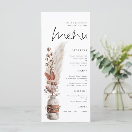 Rustic Boho Pampas Grasses Wedding Menu (Staand voorkant)