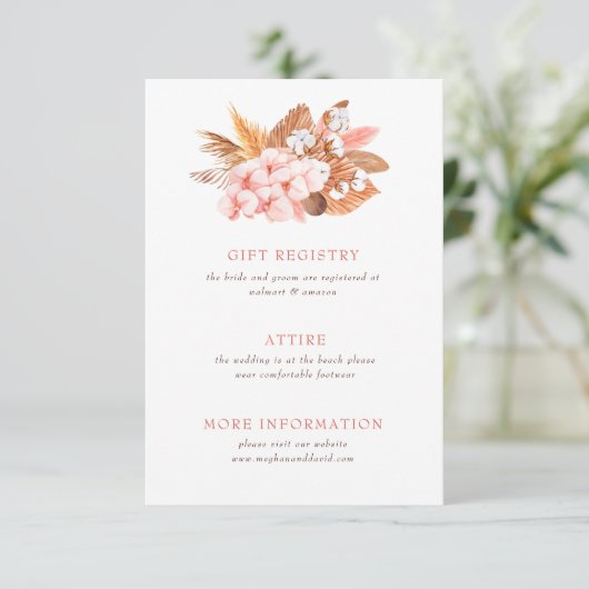 Rustic Boho Pampas Orchids Cotton Blush Wedding Informatiekaartje (Staand voorkant)
