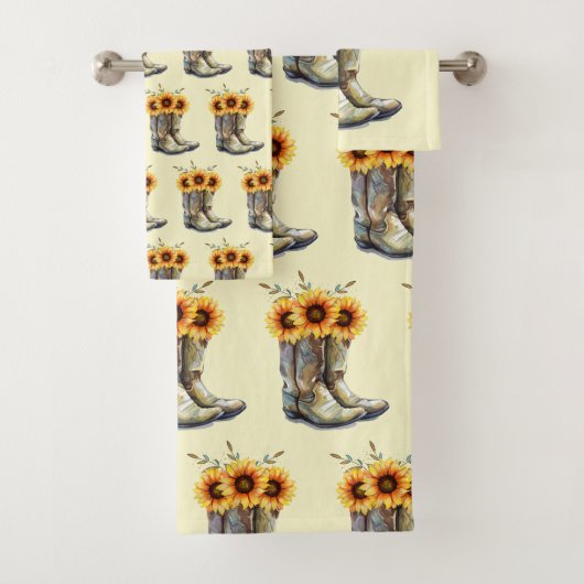 Rustic Boho Pattern - Cowboy Boots met zonnebloeme Bad Handdoek (Insitu)