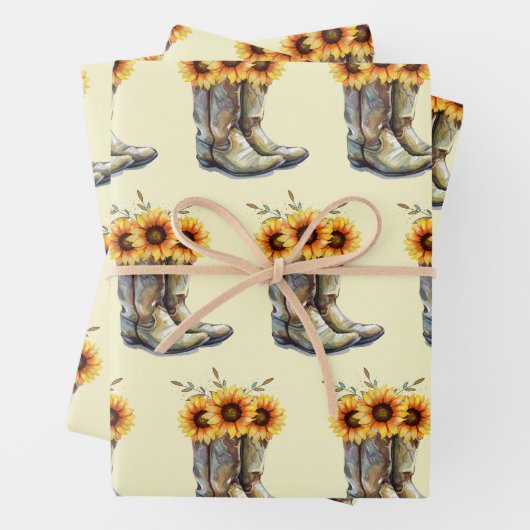 Rustic Boho Pattern - Cowboy Boots met zonnebloeme Inpakpapier Vel (In situ)