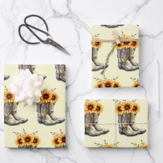 Rustic Boho Pattern - Cowboy Boots met zonnebloeme Inpakpapier Vel (Voorkant)