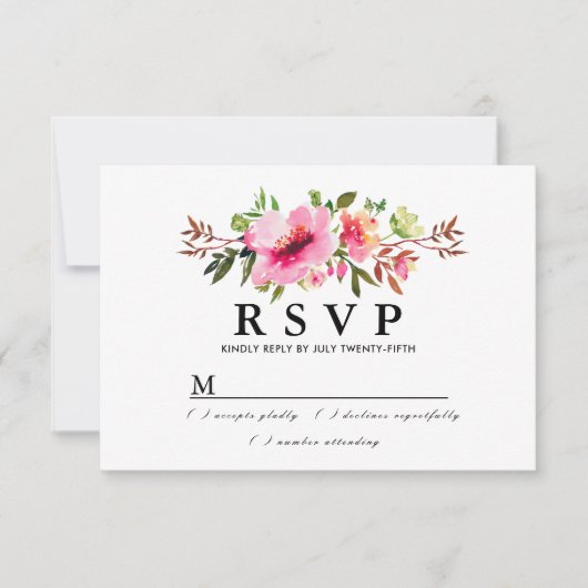 Rustic Boho Pink Floral Wedding RSVP Kaart (Voorkant)