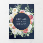 Rustic Boho Pink Roses Floral Navy QR Code Weddens Drieluik Uitnodiging (Cover)