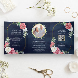 Rustic Boho Pink Roses Floral Navy QR Code Weddens Drieluik Uitnodiging