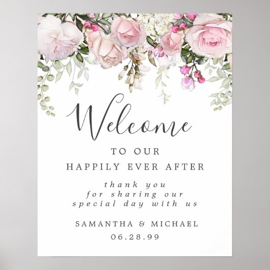 Rustic Boho Pink White Floral Wedding Welcome Sign Poster (Voorkant)