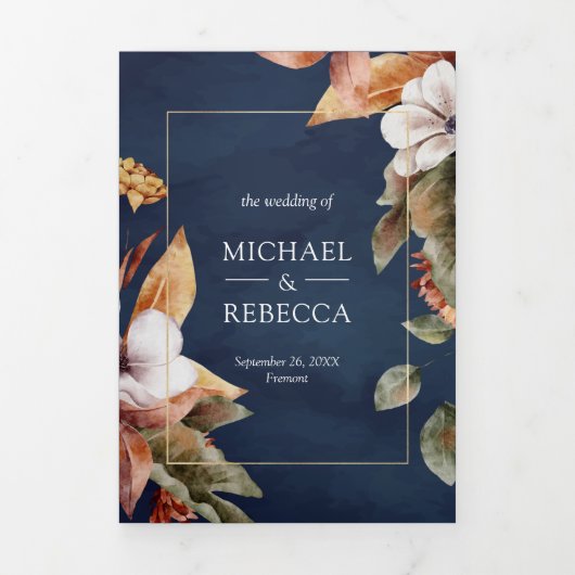 Rustic Boho Pumpkin Foto QR Code Navy Weddenschap Drieluik Uitnodiging (Cover)