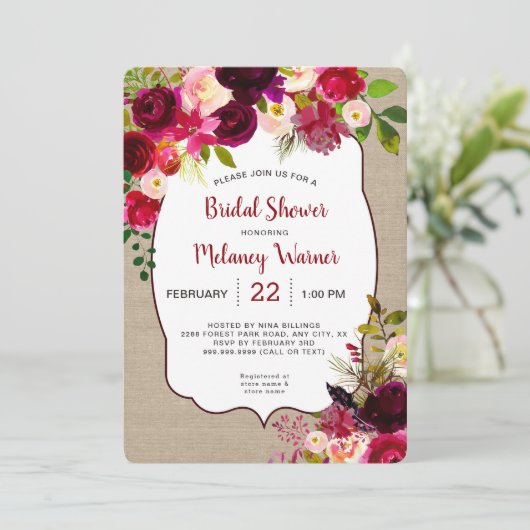 Rustic Boho Red Floral Fête des mariées invitation (Debout devant)