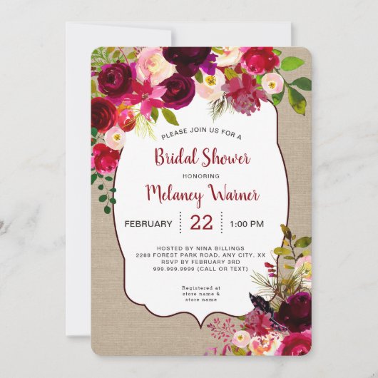 Rustic Boho Red Floral Fête des mariées invitation (Devant)