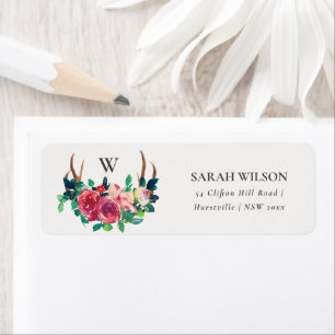 Rustic Boho Red Floral Stag Antlers Adres Etiket