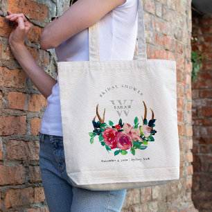 Rustic Boho Red Floral Stag Antlers Vrijgezellenfe Tote Bag