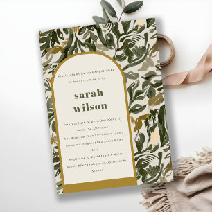 Rustic Boho Retro Arch Green Botanical Baby shower Kaart