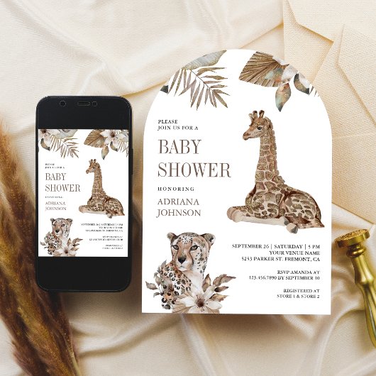 Rustic Boho Safari Leopard and Giraffe Baby Shower Kaart