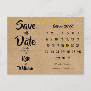 Rustic Boho Save the Date Gold Heart Calendar Aankondigingskaart