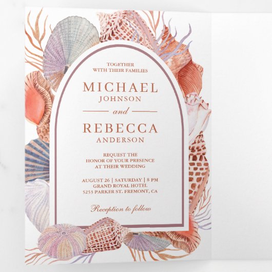 Rustic Boho Seashells Nautical QR Code Weddenschap Drieluik Uitnodiging (Binnenzijde eerst)