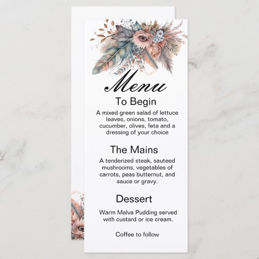 Rustic Boho Silver & Pink Floral Wedding Menu (Voorkant / Achterkant)