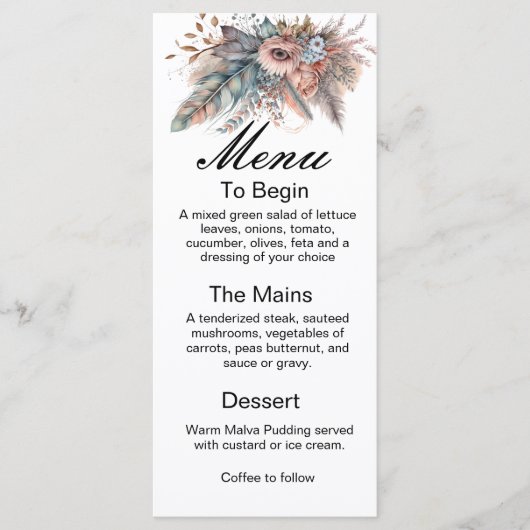 Rustic Boho Silver & Pink Floral Wedding Menu (Devant)