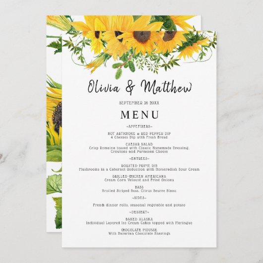 Rustic Boho Sunflower Floral Bouquet Wedding Menu (Voorkant / Achterkant)