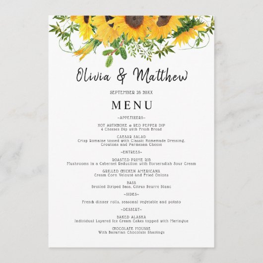 Rustic Boho Sunflower Floral Bouquet Wedding Menu (Voorkant)