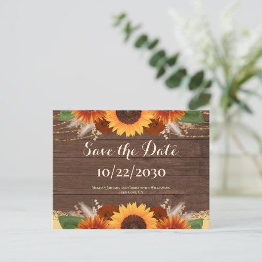 Rustic Boho Sunflower Rozen Wedding Save the Date Briefkaart (Staand voorkant)