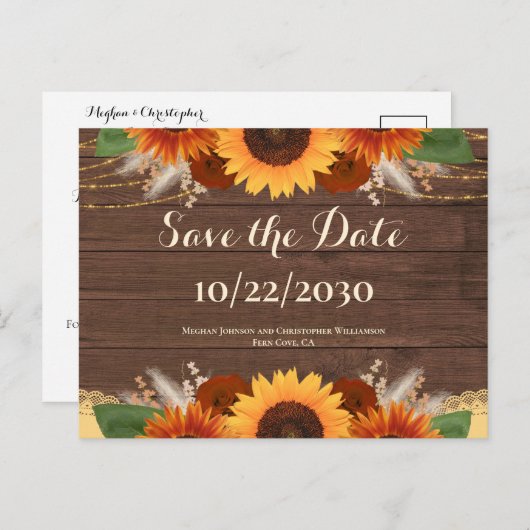 Rustic Boho Sunflower Rozen Wedding Save the Date Briefkaart (Voorkant / Achterkant)