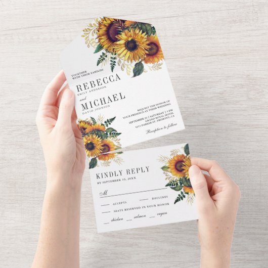  Rustic Boho Sunflower Wedding All In One Uitnodiging (Afscheurbaar)