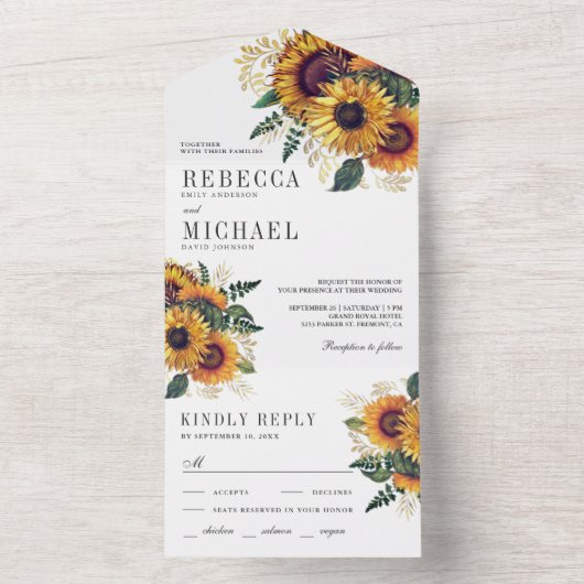  Rustic Boho Sunflower Wedding All In One Uitnodiging (Binnen)