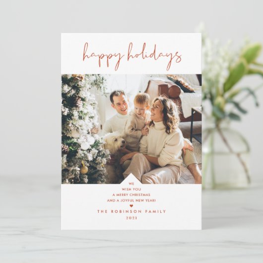 Rustic Boho Terracotta Rust Elegant Script Photo Feestdagenkaart (Staand voorkant)